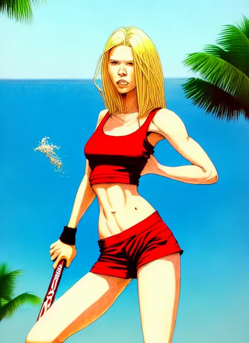 Prompt: , a gorgeous hulking beast of a woman with very long hip-length blonde hair, happy sunny day, wearing a cut-off white top and red dirt cut-off shorts standing by the water, beach tennis, modern architecture, in the style of artgerm and moebius and annie liebovitz, marvel comics, photorealistic, highly detailed, trending on artstation, Gediminas Pranckevicius