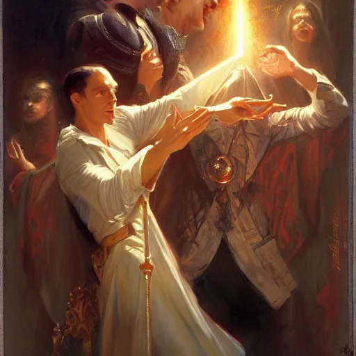 Image similar to attractive magician casts dark spell, summoning attractive lucifer morningstar. highly detailed painting by gaston bussiere, craig mullins, j. c. leyendecker 8 k