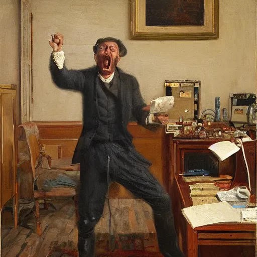 Image similar to an angry man yells at his computer monitor, oil on canvas, 1 8 8 3, highly detailed