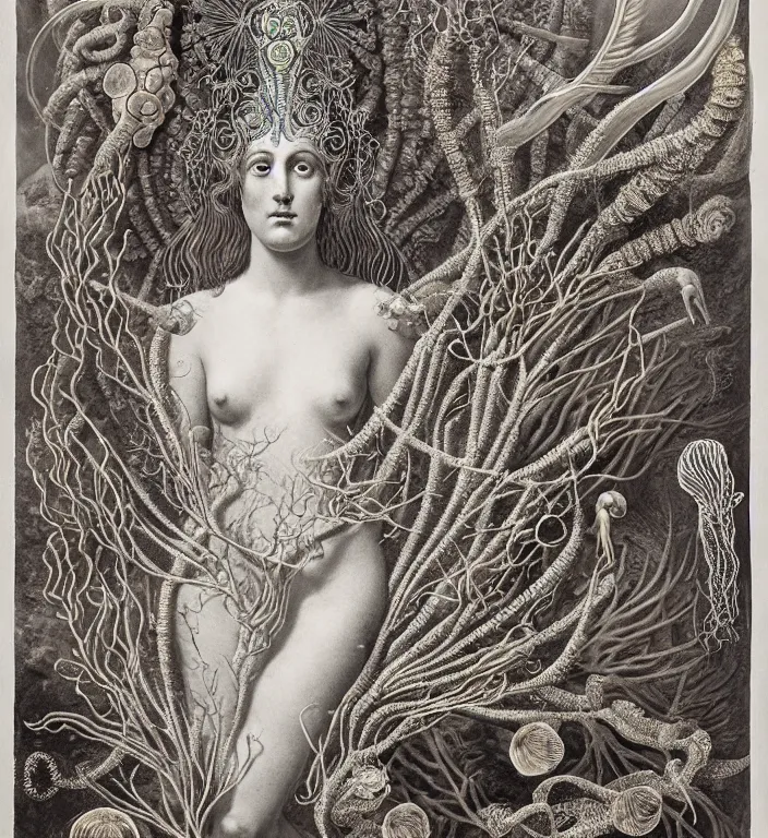 Prompt: realistic detailed underwater portrait of the goddess of the fish of the three times with an intricate headdress of corals, sea kelp, sea plants, fish, jellyfish, art by archimboldo and ernst haeckel, face in focus in the middle, neo - gothic, gothic,