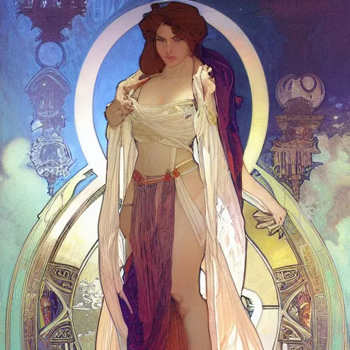Prompt: seductive science fiction byzantine noble, by alphonse mucha and greg rutkowski