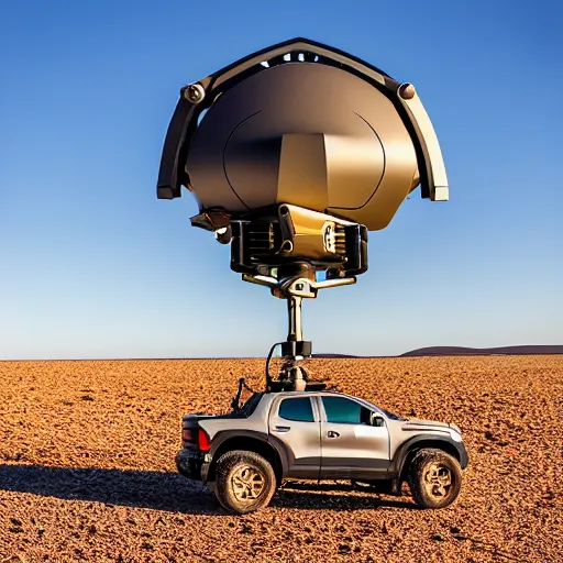 Image similar to turtle shaped peaceful mobile biomimetic rugged anemometer station sensor antenna on all terrain tank wheels, for monitoring the australian desert, XF IQ4, 150MP, 50mm, F1.4, ISO 200, 1/160s, dawn, golden ratio, rule of thirds