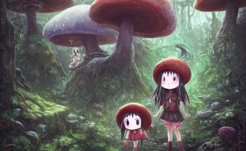 Prompt: cute little girl with an long black hair wearing an mushroom hat in the dark forest next to a sinister monster, cute artwork, clean detailed art, inspired by made in abyss, detailed background, fantastic world, spectacular quality