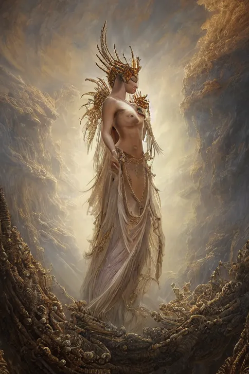 Prompt: a beautiful detailed cgi matte painting female tanned skinned empress of light, by ellen jewett, tomasz alen kopera and justin gerard | symmetrical, native american, solemn, realism, intricate, ornate, royally decorated, halo, gilding, gilded, whirling smoke, particles, gold adornments, white splendid fabric, radiant colors