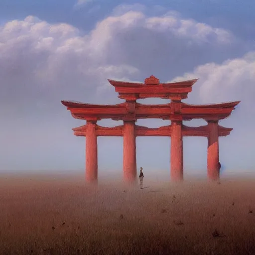 Image similar to A beautiful painting of A Torii over a plain by Zdzisław Beksiński and Ilya Repin,In style of Post-Apocalyptic.digital art, illustration,hyper detailed,smooth, sharp focus,trending on artstation,oil on the canvas,4k