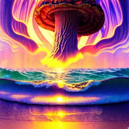 Prompt: ocean wave around giant psychedelic mushroom, lsd water, dmt ripples, backlit, sunset, refracted lighting, art by collier, albert aublet, krenz cushart, artem demura, alphonse mucha