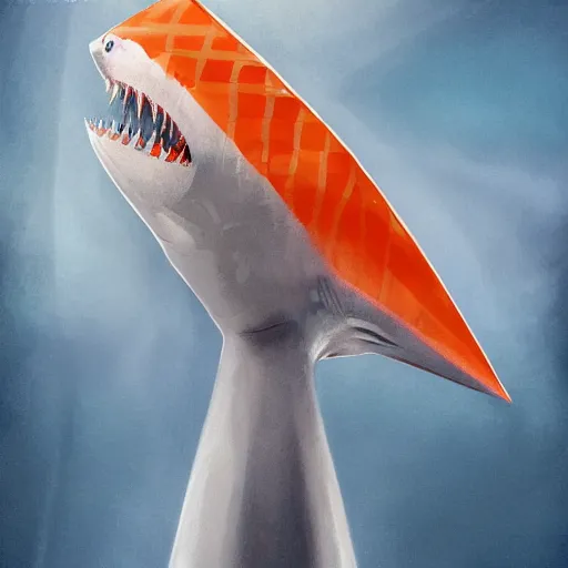 Image similar to great white shark, side view, with a silver and orange striped traffic cone construction cone on its dorsal fin, ocean background detailed atmospheric - ron cheng & alphonse mucha, highly detailed, digital painting, ray tracing, concept art, illustration, smooth sharp focus, intricate, symmetry, artstation,