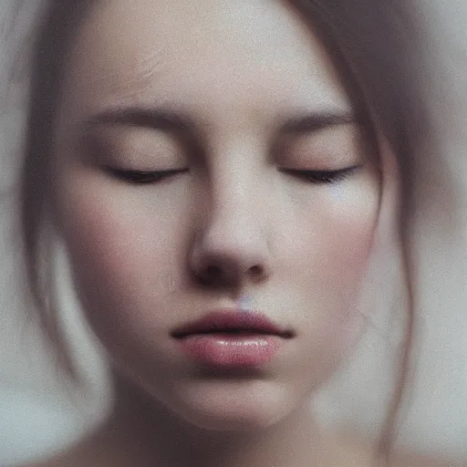 Image similar to photorealistic portrait of a beautiful young woman, very blurry, out of focus, translucent stone white skin, closed eyes, foggy, closeup