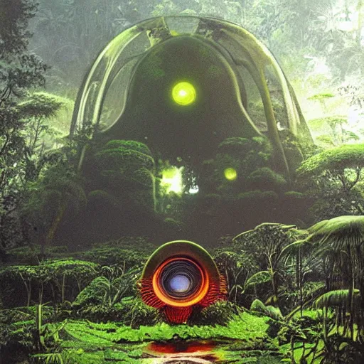 Image similar to alien artifacts in the jungle, lost alien tech, ancient alien tools and houses, tropical forest, moss, glowing alien circles and monuments, alien relic, syd mead, john harris, art station