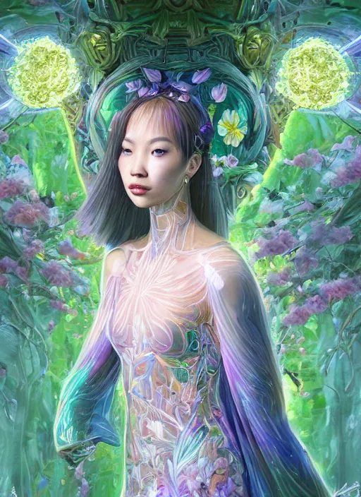 Image similar to portrait of Lalisa Manobal as a Celestial Goddess of a futuristic pearlescent holographic, inside future fighter, sci-fi, fantasy, intricate, lush garden spaceship with sakura season flowers in Kyoto Japan, elegant, human anatomy, royal green and nature light, highly detailed, digital painting, artstation, concept art, smooth, sharp focus, illustration, art by Marvel Studios, masterpiece, 3d blender