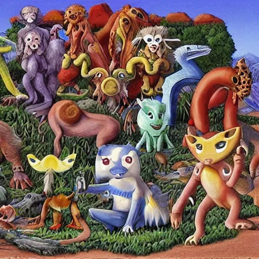 Image similar to A beautiful land art of a group of creatures that looks like a mix of different animals. Most of the creatures have human-like features, such as arms and legs, and some are standing upright while others are crawling or flying. Digimon by Larry Elmore relaxed