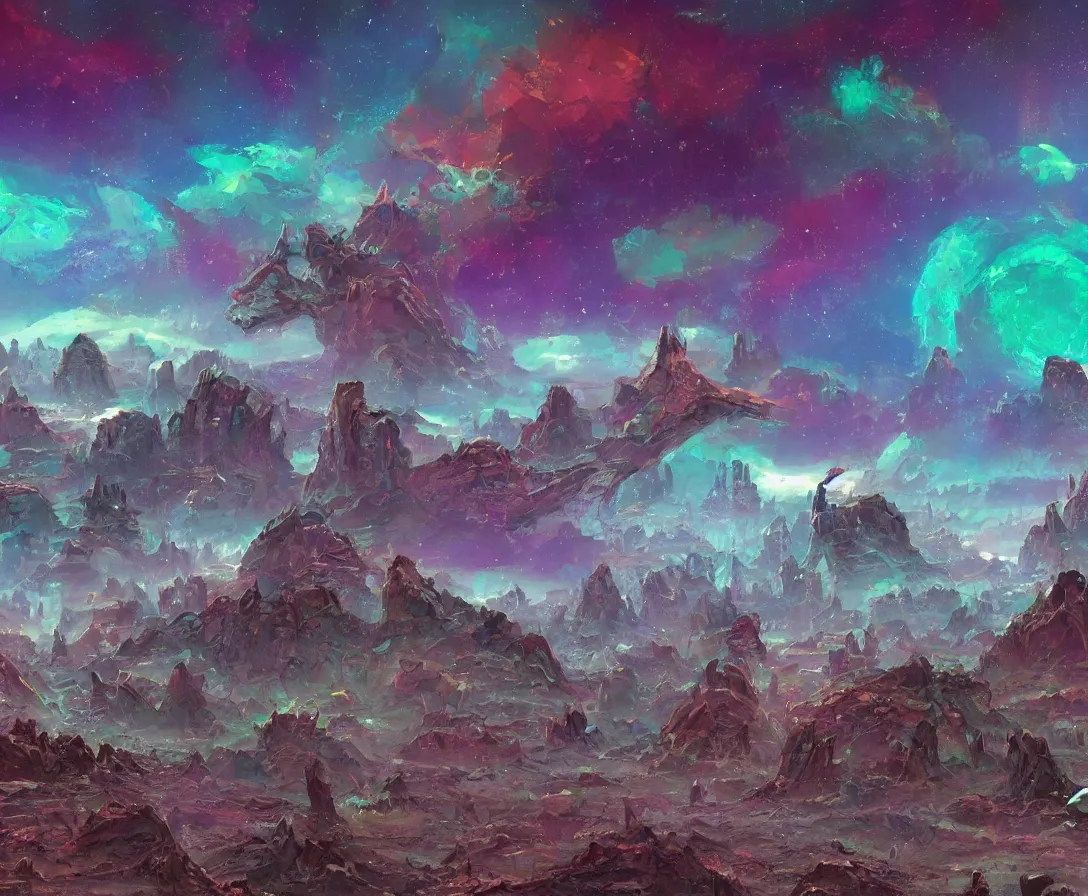 Image similar to a desolate alien world full of rich colors, unique architecture