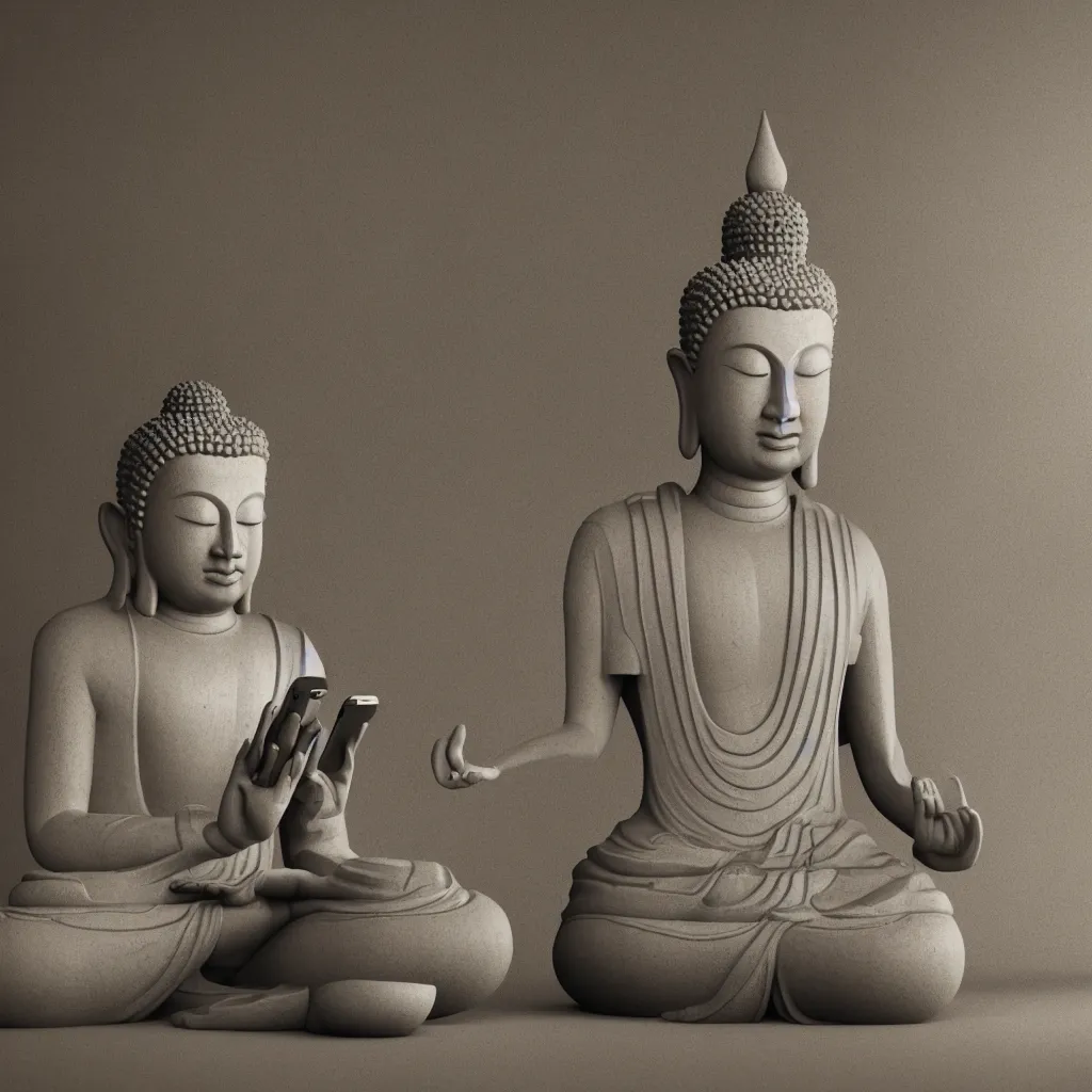 Prompt: 3 d render of a beautiful meditating buddha checking his smartphone, neo noir