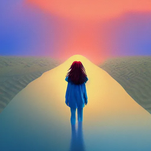 Image similar to closeup giant dahlia flower floating head, a girl walking between dunes, surreal photography, sunrise, blue sky, dramatic light, impressionist painting, digital painting, artstation, simon stalenhag