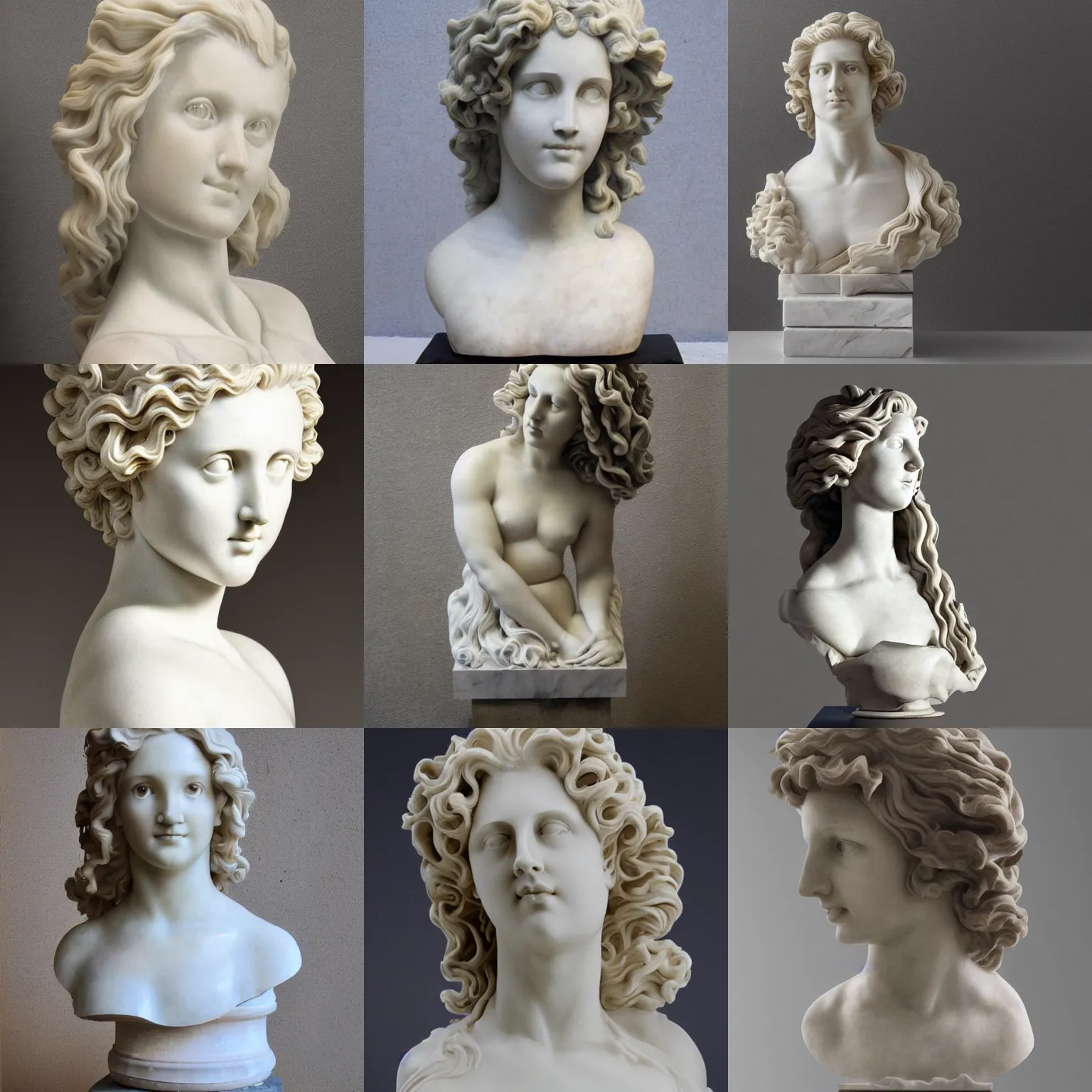 Prompt: a beauty with big wavy hair, marble sculpture, portrait