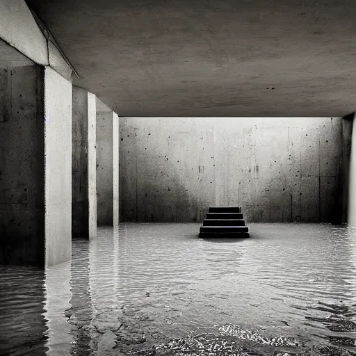 Image similar to dingy abandoned concrete room, triangular room, gray, museum, concrete staircase leading down, staircase flooded with water to create a moon pool, Photograph, found footage, dark, dingy.