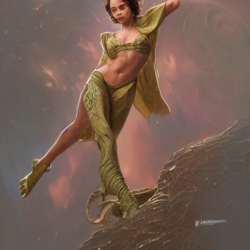 Image similar to full figure ultra realistic illustration, madeleine mantock as marvel enchantress, intricate, elegant, highly detailed, digital painting, artstation, concept art, smooth, sharp focus, illustration, art by artgerm and greg rutkowski and alphonse mucha