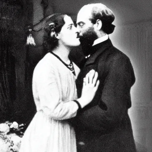 Image similar to Karl Marx and Ayn Rand kissing, wedding photo, 1920, Church backround