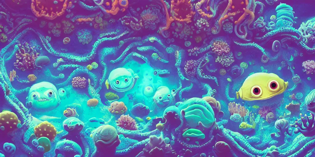 Image similar to of a colorful cloudy deep sea under water with strange cute friendly happy creatures with huge eyes, mouth, long tongue and round teeth appearing from sandy coral, in the style of gehry and gaudi, macro lens, shallow depth of field, highly detailed, digital painting, trending artstation, concept art, illustration, cinematic lighting, photorealism, epic, octane render