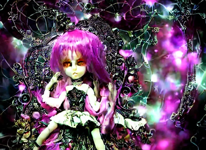 Image similar to baroque bedazzled gothic royalty frames surrounding a pixelsort emo demonic horrorcore japanese beautiful fairy kei doll, sharpened early computer graphics, remastered chromatic aberration