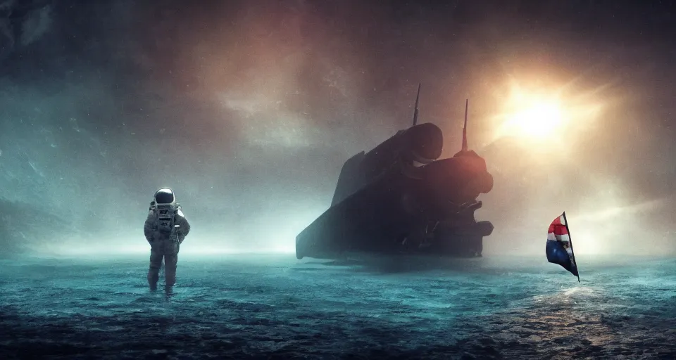 Image similar to astronaut holding a flag in an underwater desert. a submarine is visible in the distance. dark, concept art, cinematic, dramatic, atmospheric, 8 k, trending on artstation, blue, fish, low visibility, fog, ocean floor, christopher nolan, interstellar