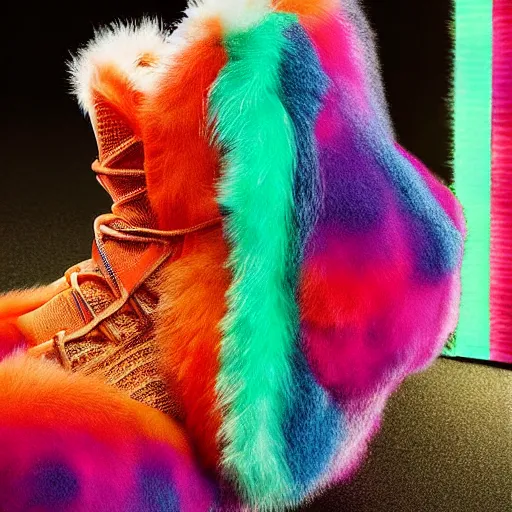 Image similar to poster nike shoe made of very fluffy colorful faux fur placed on reflective surface, professional advertising, overhead lighting, heavy detail, realistic by nate vanhook, mark miner