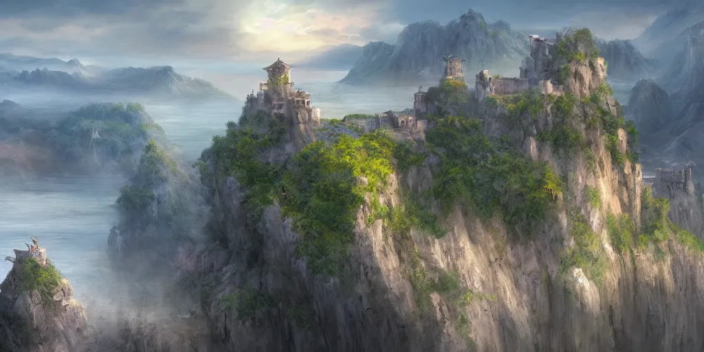 Prompt: a spiritual matte painting by feng zhu of a cliff side castle, dawn setting, HDR, unreal engine, god rays, ue5, concept art, wide angle, 4k hd wallpaper