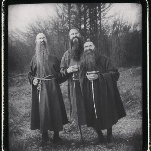 Image similar to trail _ camera _ photo _ of _ a _ breaton monks looking like rasputin with lit candles _ realistic _ spooky _ grimdark _ night _ black _ and _ white, polaroid