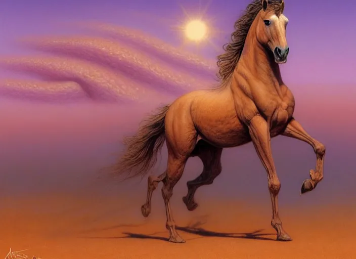 Image similar to horse standing in desert, intricate, elegant, highly detailed animal, digital painting, artstation, concept art, smooth, sharp focus, illustration, art by artgerm, bob eggleton, michael whelan, stephen hickman, richard corben, wayne barlowe, trending on artstation and greg rutkowski and alphonse mucha, 8 k