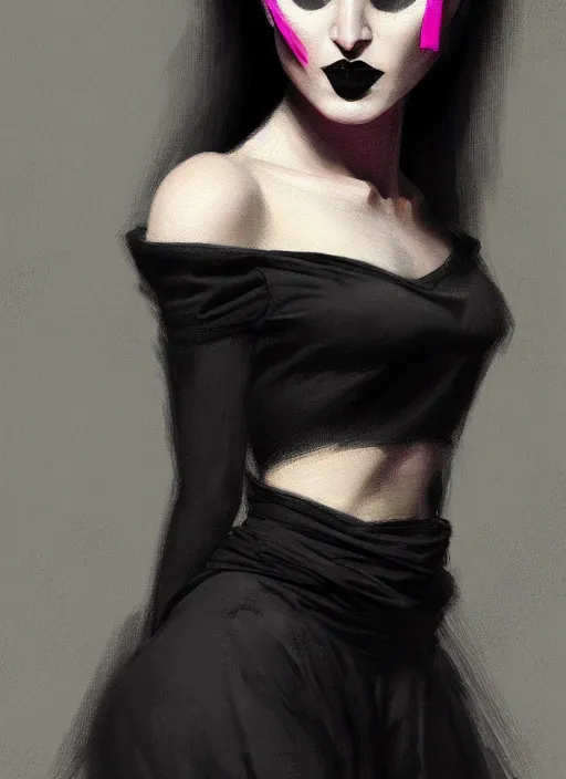 Image similar to portrait of a woman with a crooked nose and a confident expression, 1 9 6 0 s, black clothes, goth, punk, brightly coloured hair, funk, intricate, elegant, highly detailed, digital painting, artstation, concept art, smooth, sharp focus, illustration, art by wlop, mars ravelo and greg rutkowski