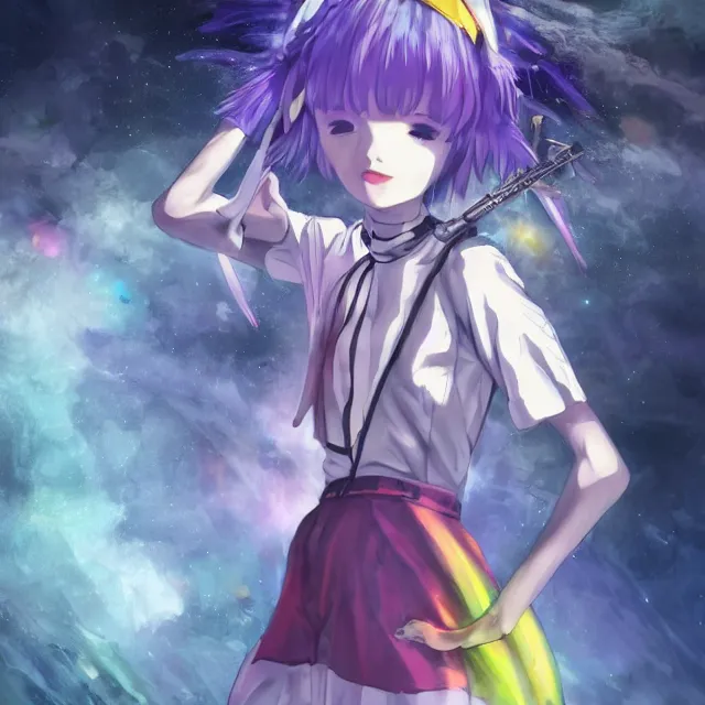 Image similar to rei ayanami, deep space, seascape, grimes, silver hair, shikinami asuka langley, card captor sakura, bunny ears, cosmos, psychedelic flowers, black opal, rainbow aura quartz, organic, oni compound artwork, of character, render, artstation, portrait, wizard, beeple, art, fantasy, epcot, psychedelic glitchcore