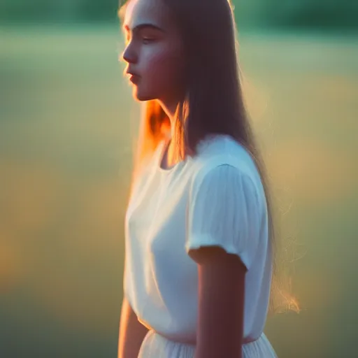 Image similar to beautiful hyperdetailed photograph of a cute young woman, golden hour, soft focus, medium shot, 8 k, portra 4 0 0