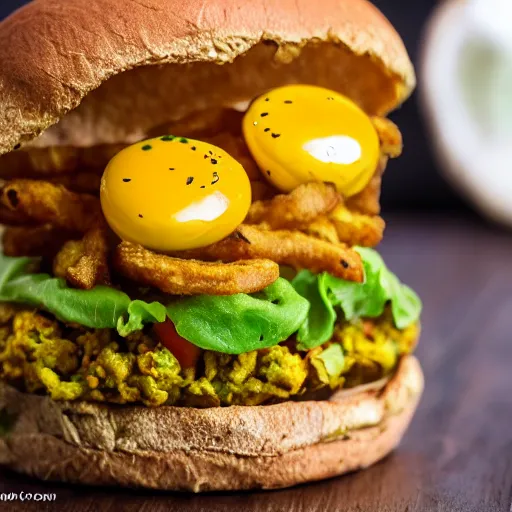 Image similar to vegan hamburger guacamole and crispy fried onion and fried egg toppings, crispy buns, 8 k resolution, studio lighting, sharp focus, hyper - detailed