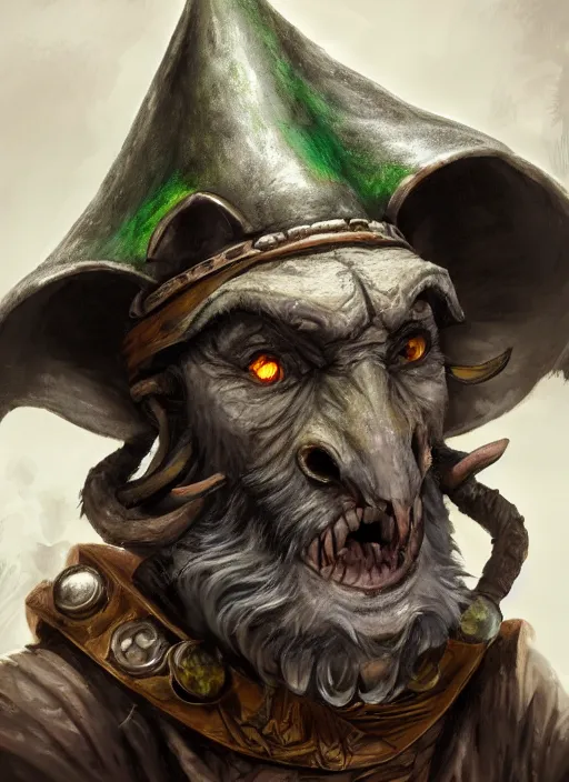 Prompt: a skaven from warhammer fantasy with human eyes and a gray beard, wearing jewelry, tricorne hat, green robe, d & d, digital art, detailed face, highly detailed, trending on artstation, realistic