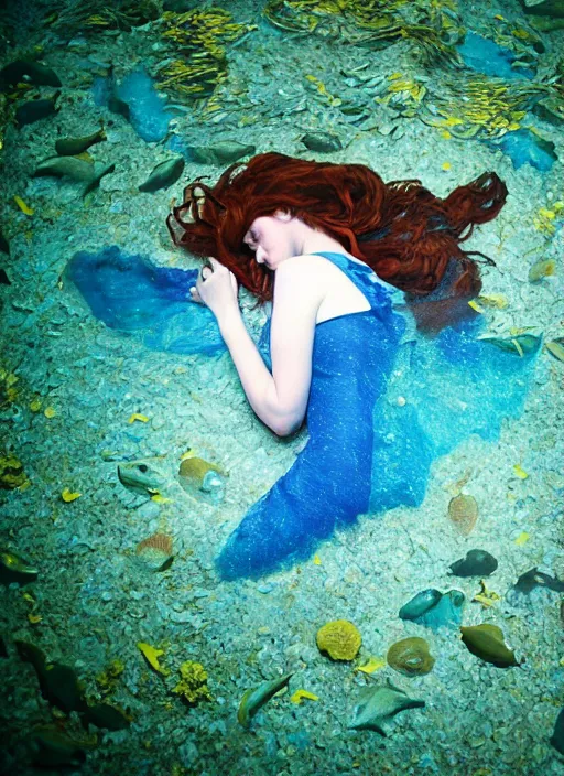 Prompt: lady laying under the sea on the seabed amongst the weeds, underwater shot, submerged, medium shot, on the bed of the river preraphaelite colour photography, 8 k