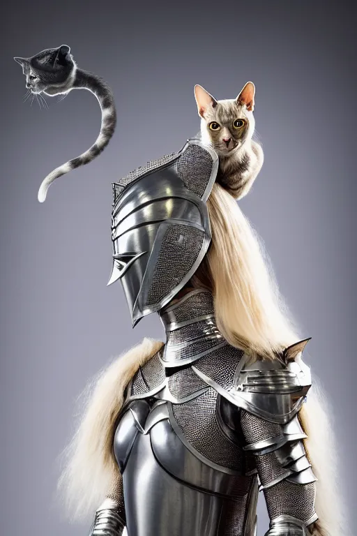 Image similar to female knight wearing a real cat on her head, armor designed by wayne barlowe, swarovski and tiffany, blonde hair, symmetry, sci - fi, cinematic, elegant, luxury, perfect light, perfect composition, dlsr photography, sharp focus, dark fantasy, 4 k, ultra hd, sense of awe, highly detailed, realistic, intricate