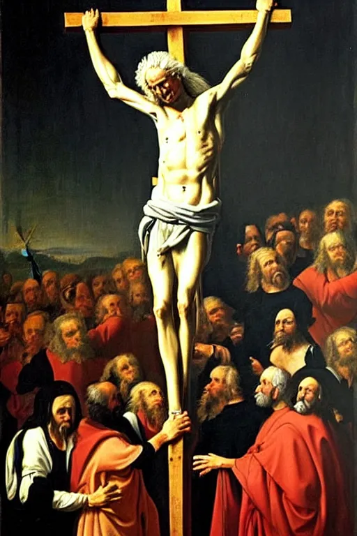 Prompt: painting of wailing geert wilders being crucified, renaissance, breathtaking painting