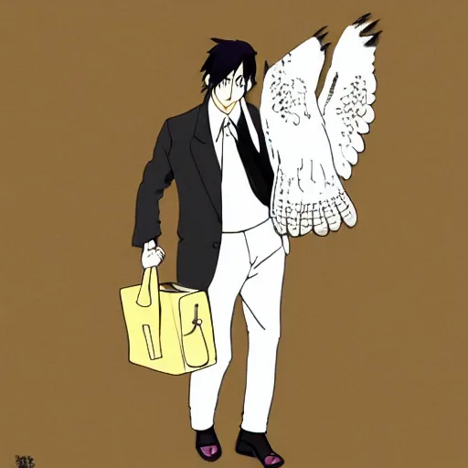 Image similar to barn owl in a black suit wearing an office bag going to the office,drawn by Hayao Miyazaki , highly detailed,anime, anime shot,anime colours, inspired by My Neighbor Totoro 1988,cell shading,volumetric dynamic lighting,anime lighting