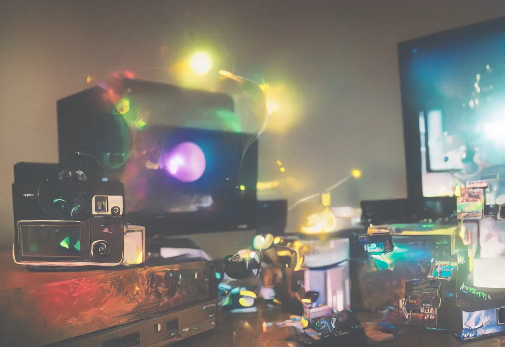 Image similar to dragon popping out of tv, volumetric lighting, bedroom, visor, users, pair of keycards on table, bokeh, creterion collection, shot on 7 0 mm, instax