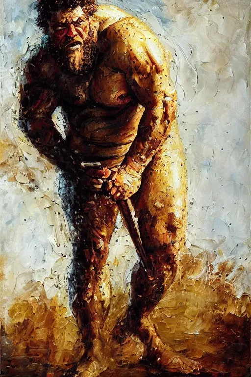 Image similar to highly detailed palette knife oil painting of a historically accurate depiction of the ancient biblical philistine giant warrior Goliath of Gath, fierce, menacing, by Peter Lindbergh, impressionistic brush strokes, painterly brushwork