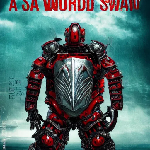 Image similar to an armored warrior with a sword drowns in a sea of red thread, movie poster