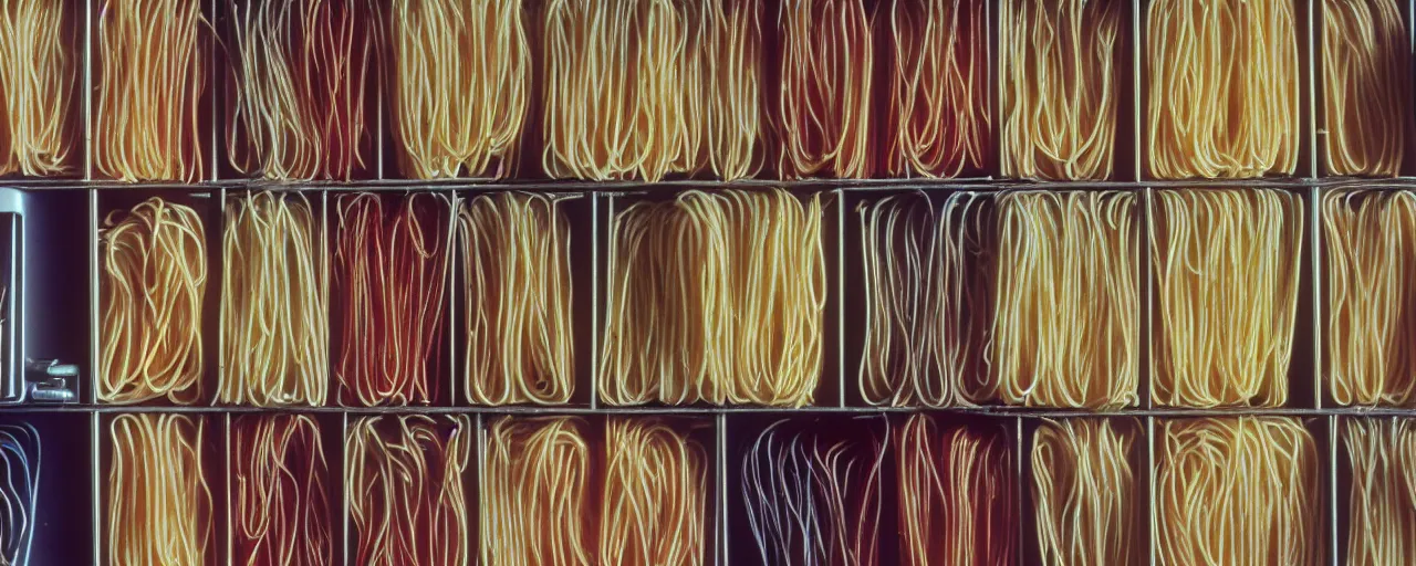 Image similar to spaghetti neatly organized in a file cabinet at an office, 1 9 7 0 s, canon 5 0 mm, kodachrome, in the style of wes anderson, retro