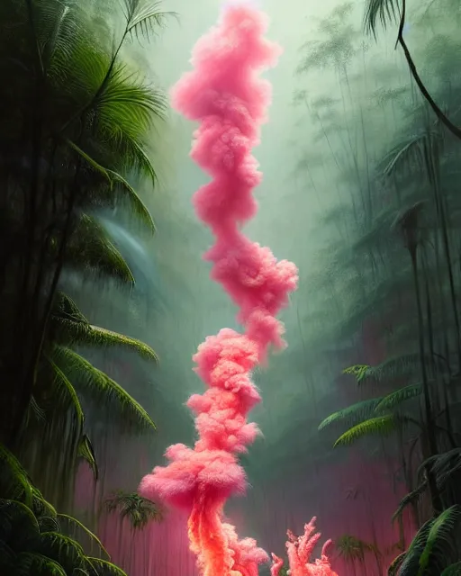 Prompt: a hyper - detailed 3 d render like an oil painting of tribe members in a tropical forest with pink smoke!!!!! surreal concept art, lifelike, photorealistic, digital painting, aesthetic, smooth, sharp focus, artstation hd, by greg rutkowski, bruce pennington, valentina remenar, rhads, asher duran,