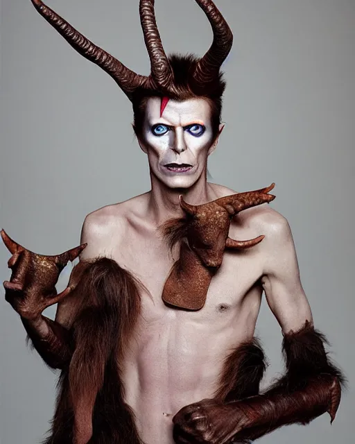 Image similar to David Bowie in Elaborate Pan Satyr Goat Man Makeup and prosthetics designed by Rick Baker, Hyperreal, Head Shots Photographed in the Style of Annie Leibovitz, Studio Lighting