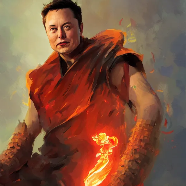 Prompt: Elon Musk as a firebender, portrait, elegant, intricate, digital painting, artstation, concept art, smooth, sharp focus, illustration, art by konstantin korovin and Daniel F. Gerhartz and john howe