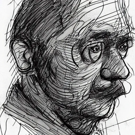 Image similar to a realistic yet scraggly portrait sketch of the side profile of a stern and sophisticated the engineer, trending on artstation, intricate details, in the style of frank auerbach, in the style of sergio aragones, in the style of martin ansin, in the style of david aja, in the style of mattias adolfsson