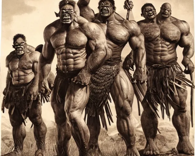 Image similar to hyper realistic group vintage photograph of an orc warrior tribe, tall, muscular, hulk like physique, tribal paint, tribal armor, grain, old
