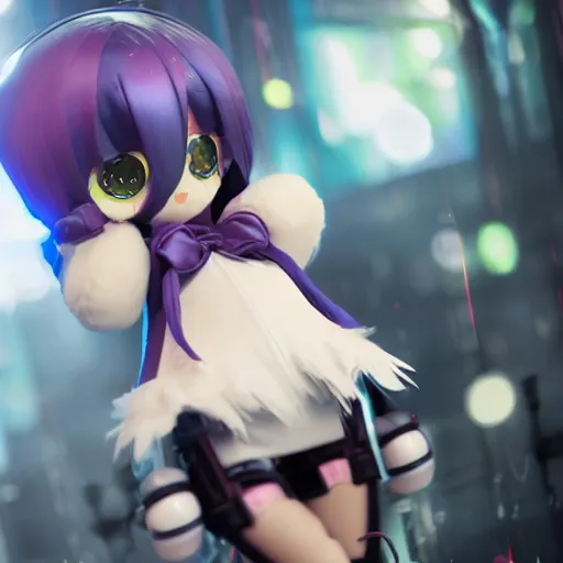 Image similar to cute fumo plush of a girl with a prosthetic mechanical arm, bokeh, cyberpunk anime girl, vray