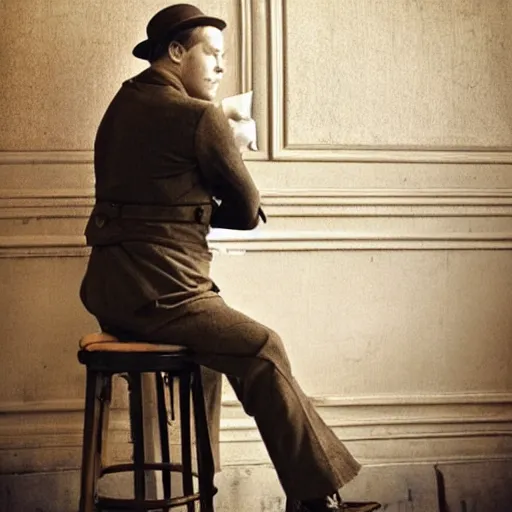 Prompt: ewan mcgregor from behind dressed as a gentleman in early 2 0 th century paris cafe. warm colour, brown colours, yellow colours