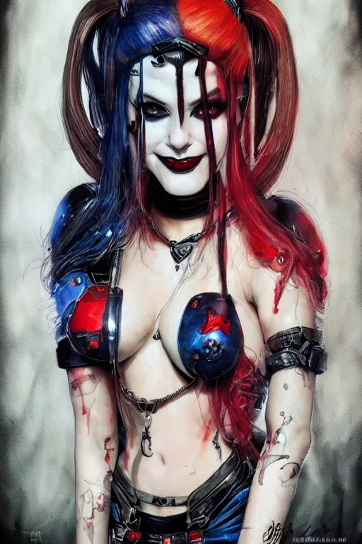 Image similar to portrait of young cute beautiful gothic Harley Quinn, cyberpunk, Warhammer, highly detailed, artstation, illustration, art by Gustav Klimt